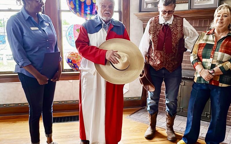 File Photo - Les Ledger says a few words at the city of Copperas Cove birthday celebration, held last month at Allin House, the home of Copperas Cove’s first mayor. The Copperas Cove Historical Society is raising funds to repair and restore the home.