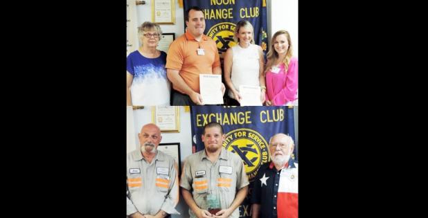 Courtesy Photos-Noon Exchange Club of Copperas Cove Past Secretary Pat Thomas and Clear Creek Meadows Apartments Pinning Leasing Professional Tana King induct the newest club members, James Stubbs and Clear Creek Meadows Apartments Community Manger Andrea Byrd during the August 26 meeting. BELOW: Noon Exchange Club of Copperas Cove Sandor Vegh stands with Employee of the Quarter Heavy Equipment Operator Michael Paradise and Murdoch’s Supervisor Superintendent of Street and Drainage Department James Mullen.