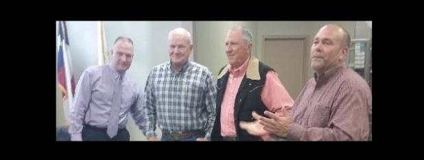 CCLP/CHUCK TAYLOR - Jack Wall, third from left, is recognized by his fellow Coryell County commissioners on Tuesday morning during the commissioners court meeting. Kyle Matthews, not pictured, was elected to Wall’s position.