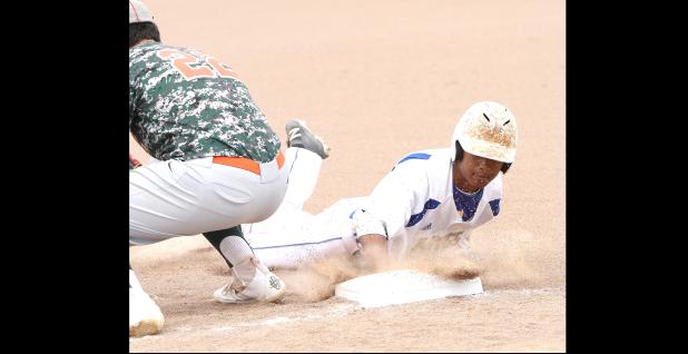 CCLP File Photo - Copperas Cove standout Tim Bechtold slides back to first base safely during the Bulldawgs playoff series against Naaman Forest. Bechtold, who carried a .353 batting average over his four years on the squad, was recently named to the Collin Street Bakery/Texas Sports Writers Association’s Class 6A All-State Baseball Second Team as an outfielder.