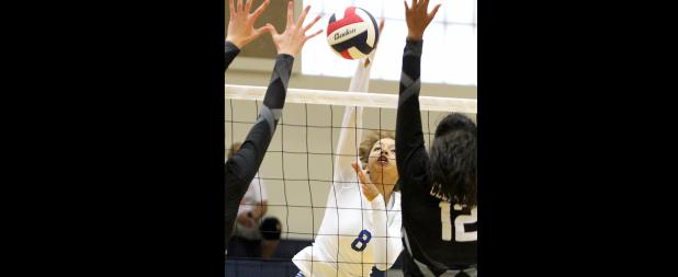 CCLP/TJ MAXWELL - Copperas Cove sophomore Aiden Chace hits for a kill against Cedar Ridge during the Bastrop Tournament Gold semifinal match on Saturday.