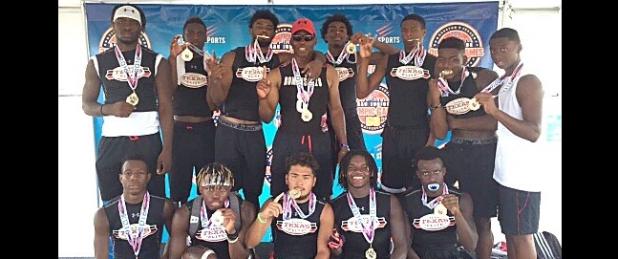 Courtesy Photo - Copperas Cove football players Kylan Herrera (back row, third from left) and Adrian Alejos (back row, fifth from left) pose with their Team Texas Elite (Romans 8:28) 7 on 7 teammates after winning the gold medal in the Amateur Athletic Union 7v7 championships in Houston over the weekend.