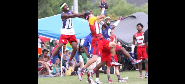 CCLP/TJ MAXWELL - Cove junior receiver Floyd Connell makes a catch between two Ellison defenders in their consolation bracket showdown during the 2016 Texas 7on7 Championships at Veteran’s Park in College Station. The Dawgs were 2-3 in the tournament.