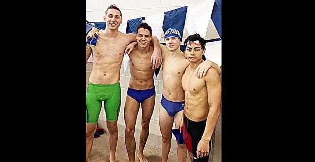 Courtesy photo - Copperas Cove AquaDawgs, from left, Carson McVeigh, Paul Muniz, Christian Gaston and Jacob Guerrero broke the school record in the 400-yard freestyle relay at the Region III-6A Swiming and Divign Chapmpionships Saturday in Rockwall. McVeigh also broke the 50-free record.