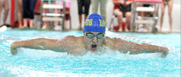 CCLP/TJ MAXWELL - Cove senior Paul Muniz competes in the 100-yard butterfly. Muniz, along with teammates Jacob Guerrero, Carson McVeigh, and Christian Gaston, broke two school records during the Belton Invitational Swim Meet Saturday at the Roy and Jean Potts Swim Center in Belton. They broke the first record in the 200-yard medley relay with a fourth-place finish and time of 1:51.06 and broke another school record the 400-yard freestyle relay with a podium finish and time of 3:35.78. 