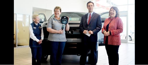 CCLP/LYNETTE SOWELL - Joann Courtland, director of Operation Stand Down Central Texas, is all smiles on Friday afternoon after receiving the keys to a 2017 Toyota Tundra at Toyota of Killeen. OSDCT was selected by Congressman Roger Williams’ (R-Austin) office to receive the one-of-a-kind Black Tie & Boots Edition Tundra from Gulf Coast Toyota.