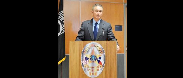 CCLP/LYNETTE SOWELL - Eddie Wilson, the new chief of police for the City of Copperas Cove, speaks during a mock press conference as part of the interview process for the position of chief of police, on Nov. 29.