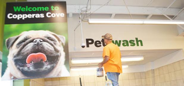 CCLP/LYNETTE SOWELL - A painter touches up the sign for the pet washing station at Pet Supplies Plus. The stores opens its doors today at 9 a.m.