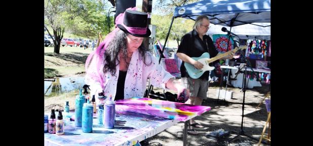 CCLP/LYNETTE SOWELL - Sheryll “Razzy” Schoolfield and Randel Renaud of New Braunfels, who make up the performance art duo of “Razzy and Randel” were among the more than 39 vendors at the 2nd annual Five Hills Art Festival held on Saturday at City Park.