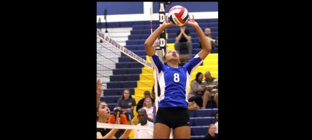 CCLP/TJ MAXWELL - Cove sophomore Aiden Chace set the ball during the Lady Dawgs’ loss to Vandegrift on Tuesday. The Lady Dawgs are currently 2-2 on the season.