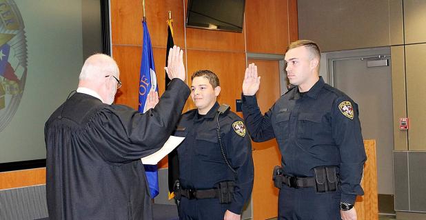 COURTESY PHOTO - Codi Nunez and Joshua Kasten are sworn in as the newest officers to the Copperas Cove Police Department Tuesday.