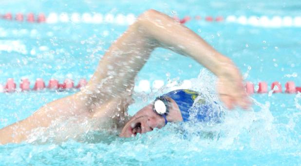 CCLP/TJ MAXWELL - Copperas Cove senior Joseph Hotz competes in the 200-yard freestyle relay during the District 12- 6A swim meet on Saturday at the Roy and Jean Potts Belton Swim Center. Hotz qualified in four events. He earned a silver medal in the 50-yard freestyle and anchored the 200-yard medley relay. 200-yard freestyle relay and the 400-yard freestyle relay.