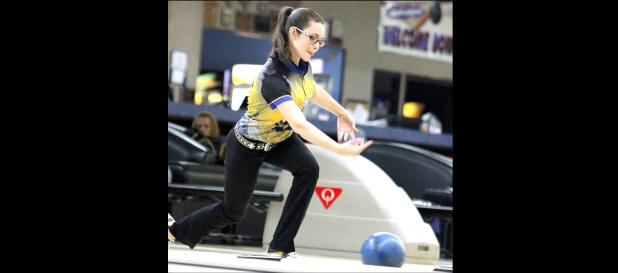 CCLP/TJ MAXWELL - Cove senior Dakota Stutz sends a shot down the lane during the Central Texas District finale Tuesday at Hallmark Lanes in Killeen. Stutz qualified for the regional tournament set for Sunday March 6 at Hallmark Lanes. Stutz will compete as an individual as well as with her coed teammates.
