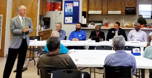 CCLP/PAMELA GRANT - Dan Yancey, running for City Council Place 3, talks at the “Meet the Candidates Forum” at the GUMC on Monday.