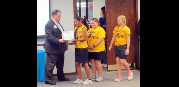 CCLP/BRITTANY FHOLER - Drum majors of the Pride of Cove Marching Band and Color Guard are recognized for their work at the CCISD Convocation last month at the CCISD Board of Trustees meeting held Tuesday evening.