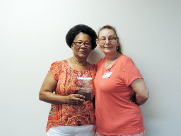 Exchange Sunshine Home Apartments Volunteer Eveth Duncombe, LEFT, receives the Noon Exchange Club of Copperas Cove Senior Citizen of the Quarter award from Board Member Angela Fields, RIGHT, during the May 26 Noon Exchange Club of Copper