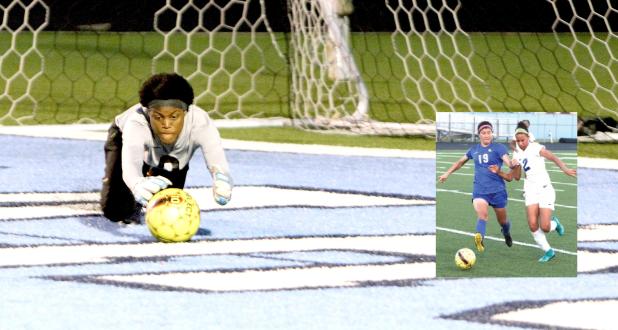 CCLP/TJ MAXWELL - ABOVE: Copperas Cove sophomore goalkeeper Kaija Lamkin makes one of 13 saves in the Lady Dawgs 1-0 loss to the Duncanville Lady Panthers in round one of the UIL 2017 Girls Soccer State Championships Friday at China Spring High School. RIGHT: Cove senior Jordan Campbell battles for possession with Duncanville junior Zeyda Solis.