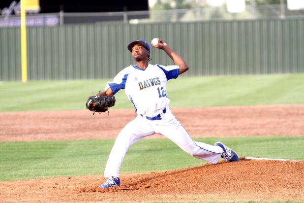 CCLP/TJ MAXWELL <br>Copperas Cove junior lefty Jaylen Smith makes a throw to home plate during the Bulldawgs’ 1-0 loss to the Harker Heights Knights Thursday at Bulldawg Field. Smith surrendered just three hits in a pitcher’s duel against harker Heights senior ace Daniel Cole