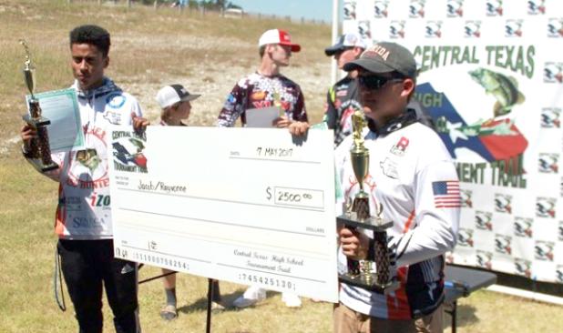 Courtesy photo CCHS junior Rayvone Williams, right, and his fishing partner, Jacob Froese, under the team name, Cen-Tex Bass Hunters, captured first place Central Texas High School Tournament Trail Championship at Stillhouse lake with a total weight of fish of 18.64. They each won a trophy and will split a $2,500 scholarship.