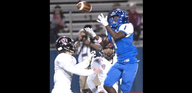 CCLP/DAVID MORRIS - Copperas Cove senior receiver Isaiah McGriff leaps for a catch against Harker Heights last Friday. The Dawgs face a must-win against Killeen tonight at Leo Buckley Stadium.