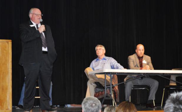 J.D. Sheffield and Howard Ray listen as Danny Pelton answers a question at Tuesday’s candidate forum in Gatesville. The three are vying for the District 59 seat in the Texas House of Representatives.