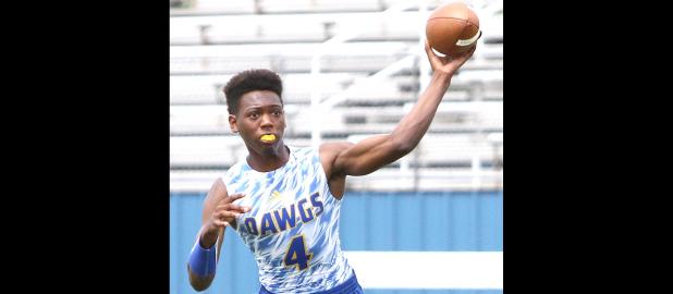 CCLP/TJ MAXWELL - Copperas Cove junior quarterback Jaylen Smith makes a throw during the Belton State Qualifying Tournament at Belton High School. The Dawgs went 4-0 in that tournament to qualify for the Texas 7on7 Championships. The Dawgs begin their quest for a state crown beginning Friday in College Station with matchups against 4-5A Abilene Cooper, 11-6A Mesquite and 18-6A Houston Lamar.
