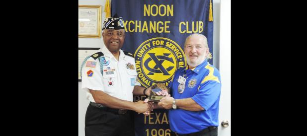 Courtesy Photo - Korean War Veterans Association President Eddie Bell Sr. receives a gift from Noon Exchange Club of Copperas Cove Past President Dennis Ayres during club’s September 23 meeting.