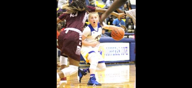 CCLP/TJ MAXWELL - Copperas Cove sophomore Madison Griffon looks for a seam in the Killeen defense during the Lady Dawgs’ 49-38 loss in the season finale Tuesday at Bulldawg gymnasium.