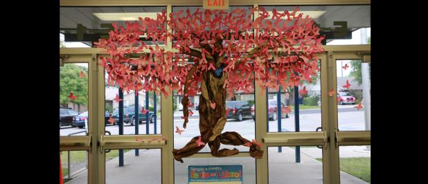 CCISD - Mae Stevens Early Learning Academy PTO volunteers created a tree from brown paper and then covered it in more than 100 pink bows. The Tree of Hope was erected to draw awareness to breast cancer. More than half of CCISD schools decorated in pink for October.