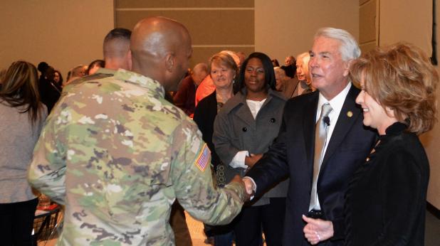 CCLP/LYNETTE SOWELL - CTC’s new chancellor, Jim Yeonopolus, greets well-wishers during a reception held Friday morning in his honor. Yeonopolus has been with CTC for more than 40 years but was appointed chancellor in December 2015 by the board of trustees.