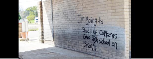 CCLP/LYNETTE SOWELL - Numerous images, one of them a threat to Copperas Cove High School, were spray painted at a vacant car wash on Casa Drive. Copperas Cove High School was on high alert with an increased police presence on Monday.