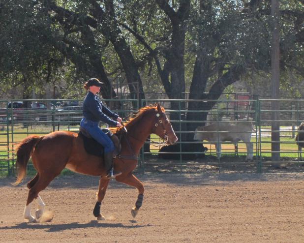 CCLP/PAMELA GRANT - Sgt. Dominique Greeley, a member of the 1st Cavalry Division horse detachment, demonstrates some horse riding techniques at Camp Cowboy, held at Robison Ranch in Kempner. The camp is a 12-week program for active duty and military veterans.