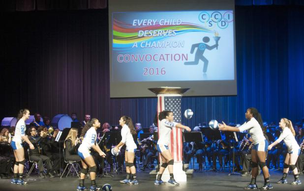 CCLP/DAVID MORRIS - Students representing athletes from the Olympic games come on stage at CCISD’s annual convocation with the theme “Every Child Deserves A Champion.” The event was held on Monday morning for all CCISD educators and staff at Lea Ledger Auditorium.