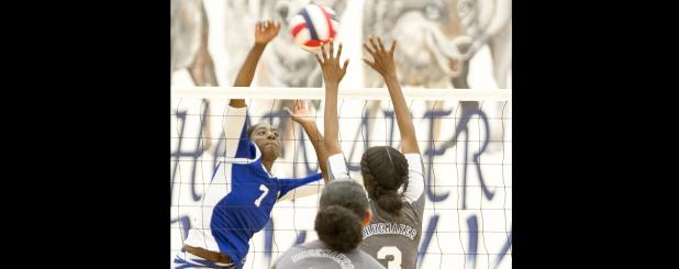 CCLP/TJ MAXWELL - Copperas Cove junior Talia Kinslow hits into the Shoemaker defense during their 3-0 (27-25, 25-22, 25-17) sweep of the Lady Grey Wolves on Tuesday. Kinslow led with a match-high 14 kills in the win. The Lady Dawgs will face the Desoto Lady Eagles in round one of the playoffs at 6:30 p.m. Monday at Waco High School in Waco.