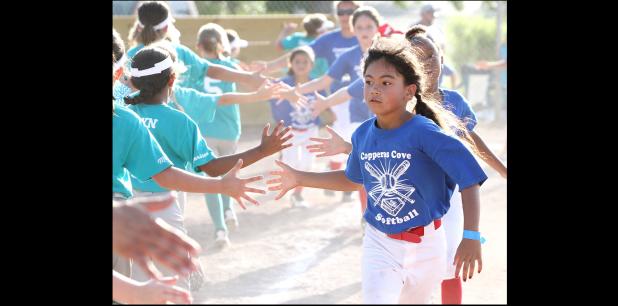 CCLP/TJ MAXWELL - The 8-and-under Rangers, right, and 8U Mariners high five after their semifinal game of the 2016 Copperas Cove Parks and Recreation City League playoffs. The Rangers defeated the Mariners 9-6 before defeating the 8U Angels in the finals to cap off their perfect season at 11-0.