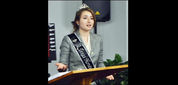 CCLP/LYNETTE SOWELL - Willow Lanchester, the 2016 Texas Honey Princess, spoke to the Bell and Coryell County Beekeepers on Thursday evening at Trinity Worship Center in Copperas Cove.