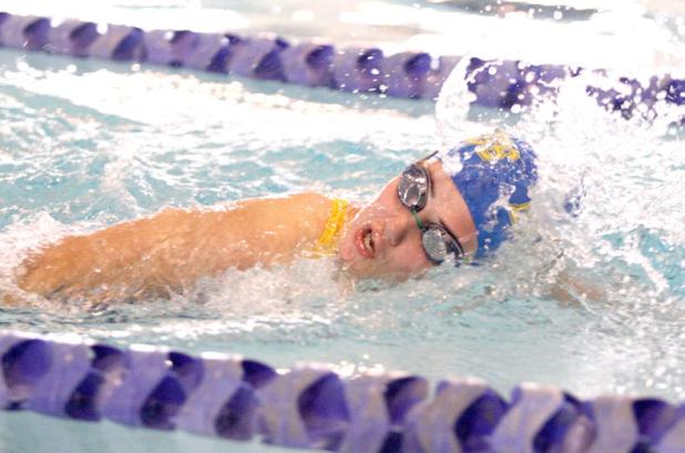 Copperas Cove’s Brittany Sanders competes in the 400-yard freestyle relay during the Georgetown Winter Invitational on Saturday. The Cove girls finished in third place with 272 points and the boys finished in sixth with 227 points for a combined fourth place finish with 499 points. The AquaDawgs will travel to Temple this Saturday for the day-long Wildcat Winter Classic at Temple High School. Preliminary races will be held in the morning with finals set for the evening. 
