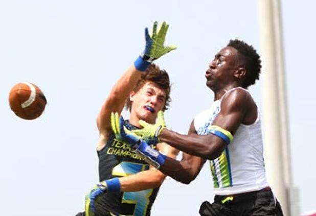 Whitehouse’s Conner Clark defends a pass intended for Copperas Cove receiver Derris Prater in the first half of their pool play game on Friday during the Adidas 7 v 7 State Tournament in College Station. 