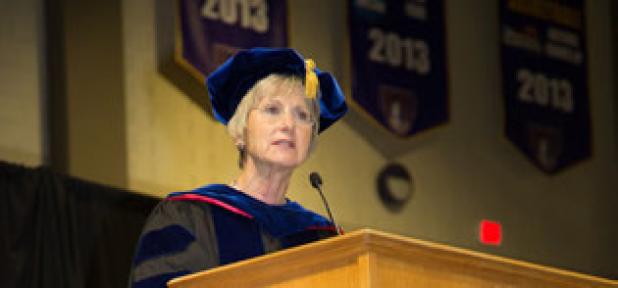 Dr. Diana Garland, dean of the Baylor University School of Social Work, addresses incoming studentsduring the convocation in Belton. 
