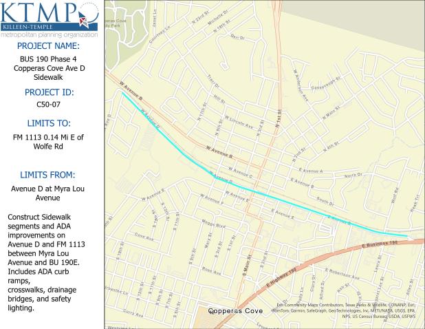 The graphic shows the length of the future sidewalks and ADA accessibility installations along Avenue D in Copperas Cove.