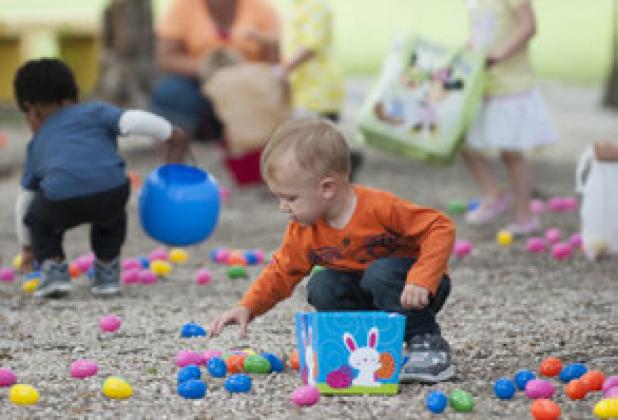 Children collect eggs during the community wide hunt at the city park. More than 10,000 eggs were hidden for the annual event.