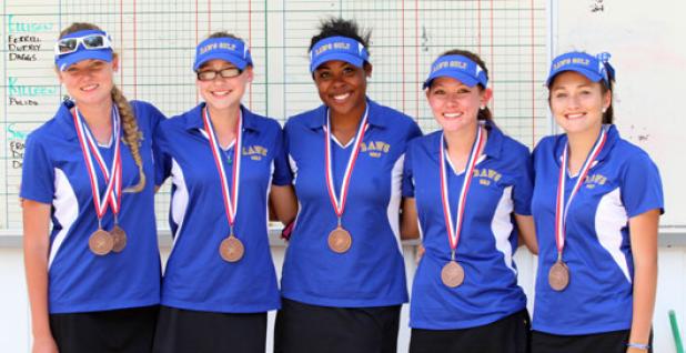 The Cove girls golf team finished third at the District 8-5A Girls Golf Tournament at the Stonetree Golf Course in Killeen on Thursday. Pictured are, from left, Mikayla Miller, Hannah Stock, Katherine Myers, Meagan Shuck and Tyler Morrison. Morrison’s two-day total
of 169 earns her a trip to the Region I tournament in Lubbock April 14-15.