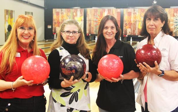 Prior military spouse Wendy Sledd, veteran Dawn Hale, prior military spouse and Central Texas College graduate Trisha Stutz, and prior military spouse Mary Beth Harrell compete in the CTC Foundation Bowling Tournament, supporting scholarships for military students and families.