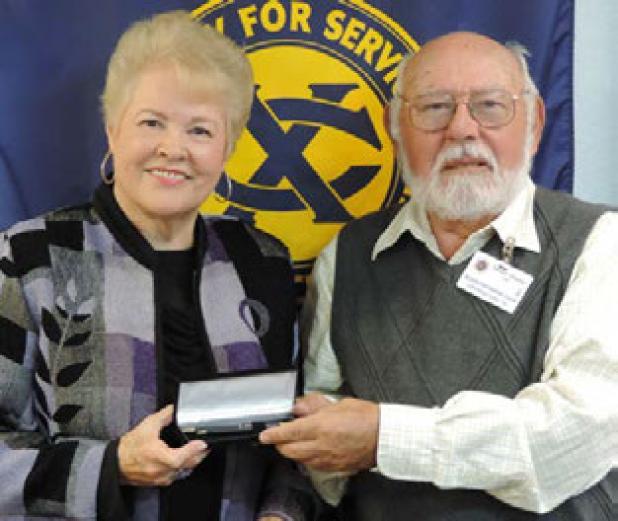 Peggy Thompson was the guest speaker to the Noon club and Father Chris Downey (below) the speaker for the morning club’s One Nation Under God meetings.Thompson is Sandor Veigh and Joyce Hauk with Father Downey