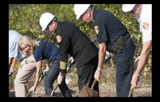 City officialsturn dirt on the site of Fire Station No. 2 located near the intersection of Grimes Crossing Road and FM 1113.