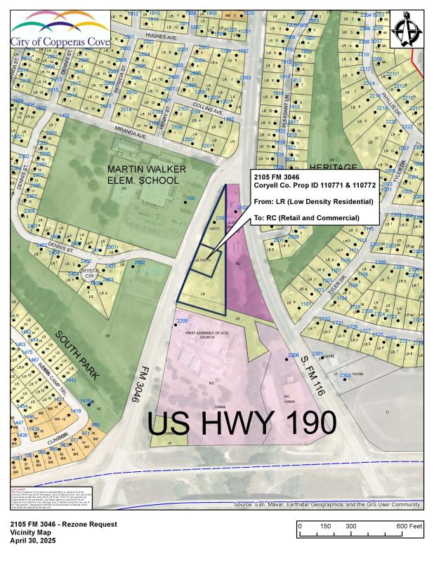 2.59 acres at 2015 F.M. 3046 has been rezoned to RC, Retail Commercial, to allow for expansion of A-Stop nearby and also possible fast food restaurant.