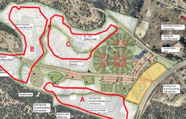 The preliminary master plan for Ogletree Gap includes several baseball and softball fields along with three areas that could be developed into a frisbee golf course.