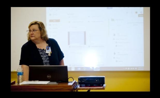 District Instructional Technologist Beth Best shares the uses of the Google platform with teachers from Copperas Cove High School.