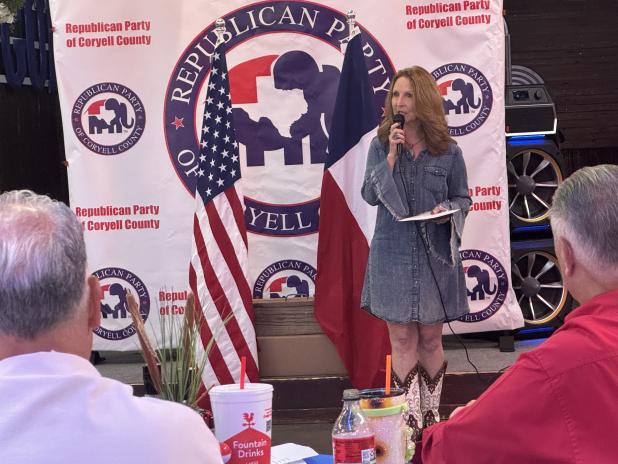 D'Rinda Randall, State Republican Party Chair, speaks at the Coryell County Republican Party fish fry in Gatesville on Saturday night.