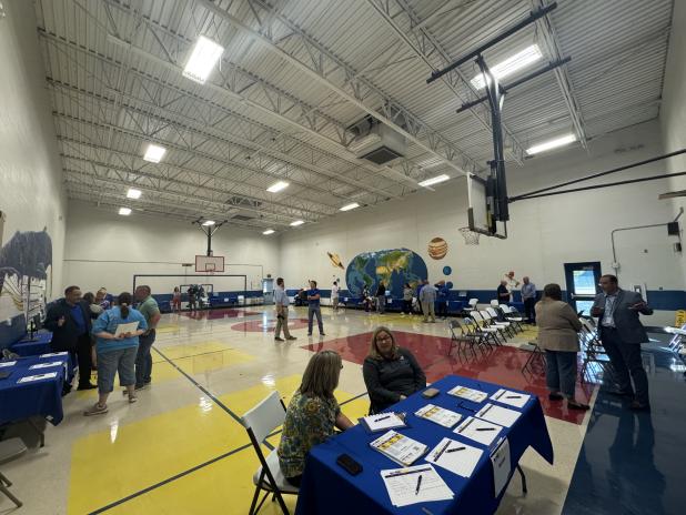 information tables are set up in the Fairview/Jewell Elementary on Tuesday for the first of three CCISD Bond Walk & Talk Meetings.